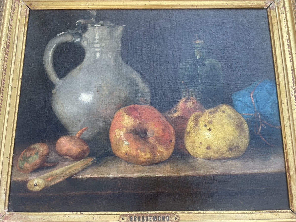 Tableau Huile sur Toile – Nature Morte au Pichet et aux Fruits Signé BRACQUEMOND-photo-2