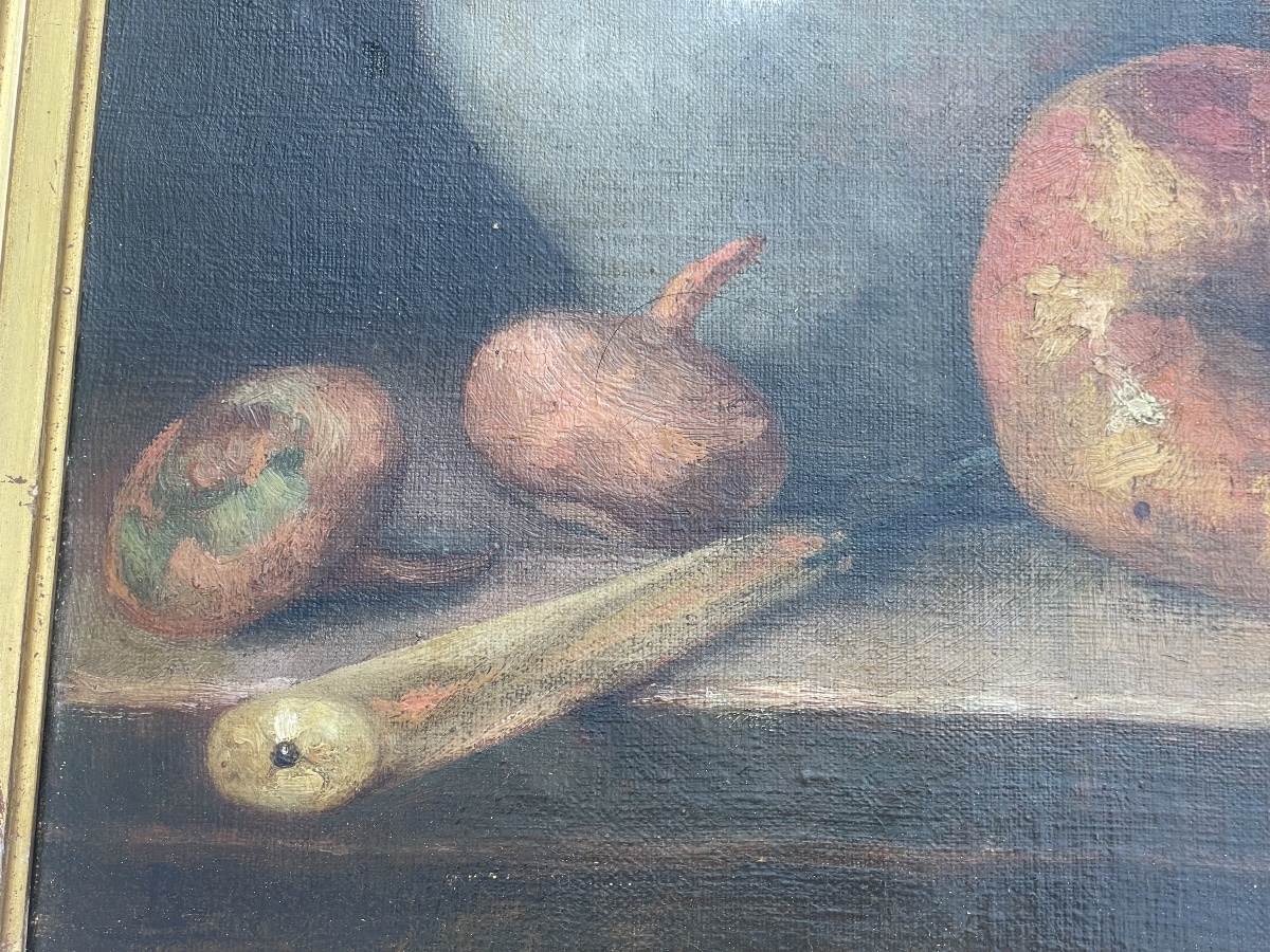 Tableau Huile sur Toile – Nature Morte au Pichet et aux Fruits Signé BRACQUEMOND-photo-3