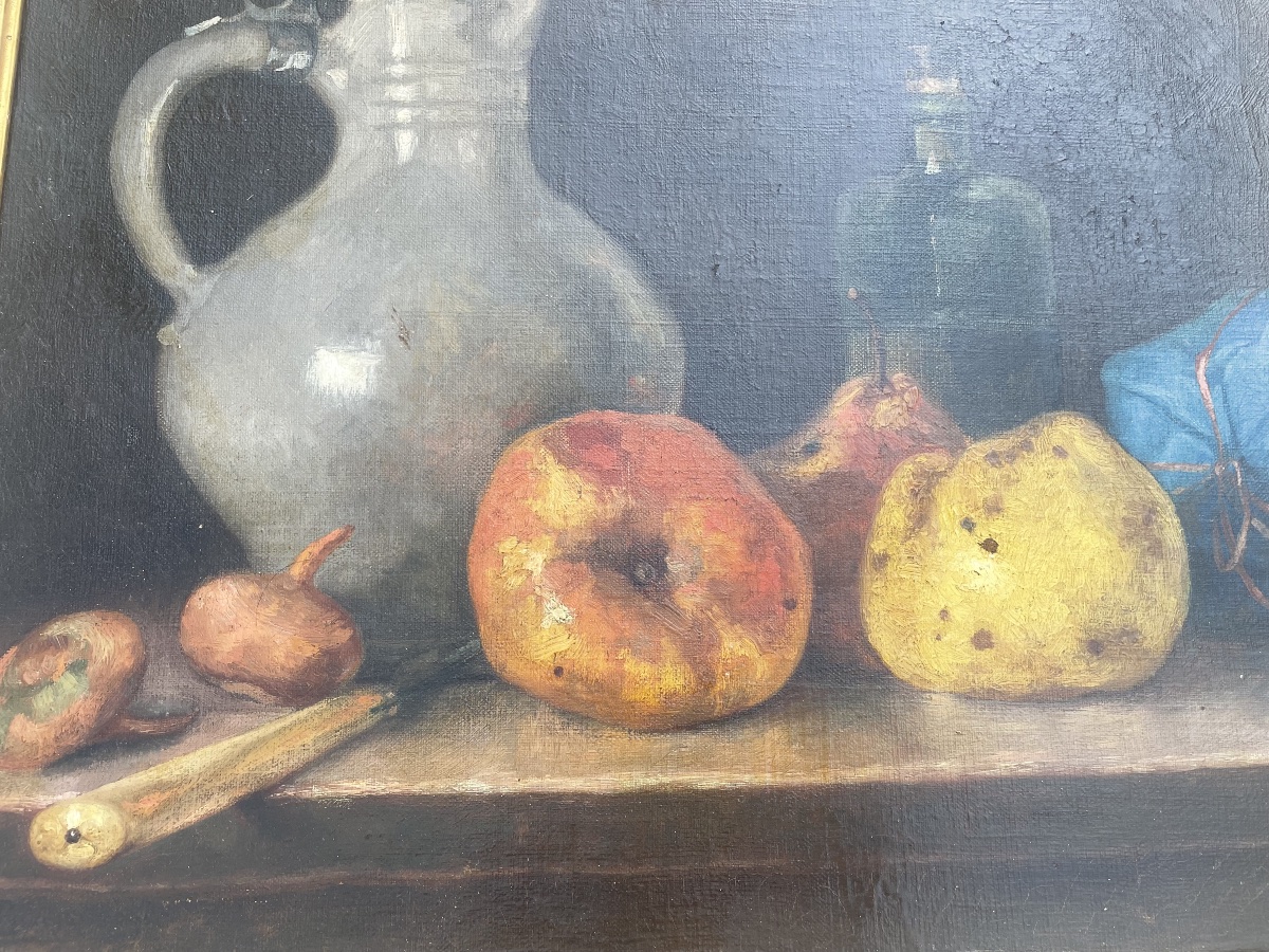 Tableau Huile sur Toile – Nature Morte au Pichet et aux Fruits Signé BRACQUEMOND-photo-4