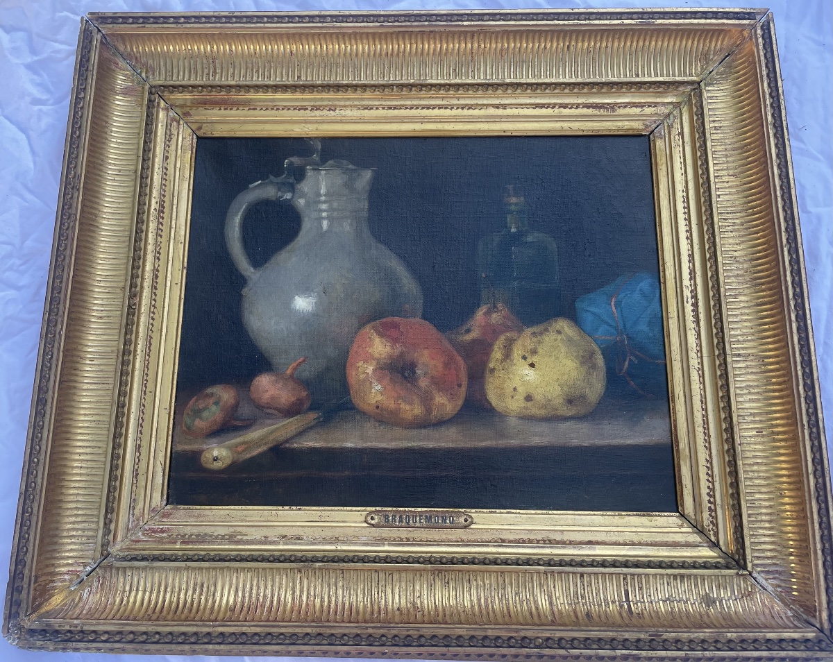 Tableau Huile sur Toile – Nature Morte au Pichet et aux Fruits Signé BRACQUEMOND-photo-1