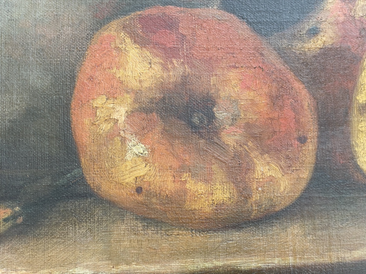 Tableau Huile sur Toile – Nature Morte au Pichet et aux Fruits Signé BRACQUEMOND-photo-5