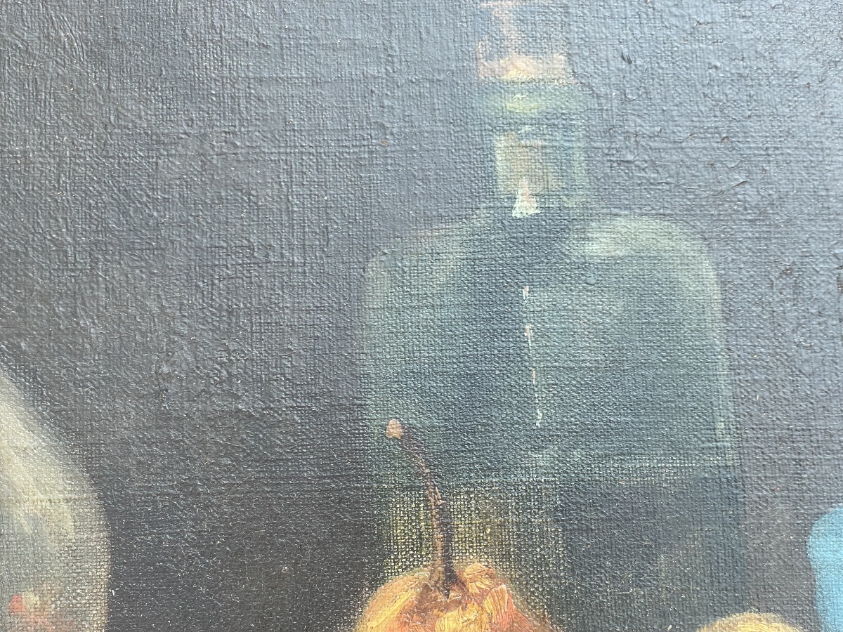 Tableau Huile sur Toile – Nature Morte au Pichet et aux Fruits Signé BRACQUEMOND-photo-7