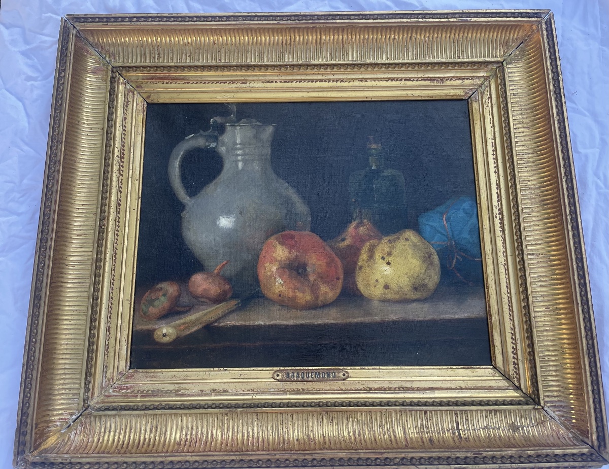 Tableau Huile sur Toile – Nature Morte au Pichet et aux Fruits Signé BRACQUEMOND