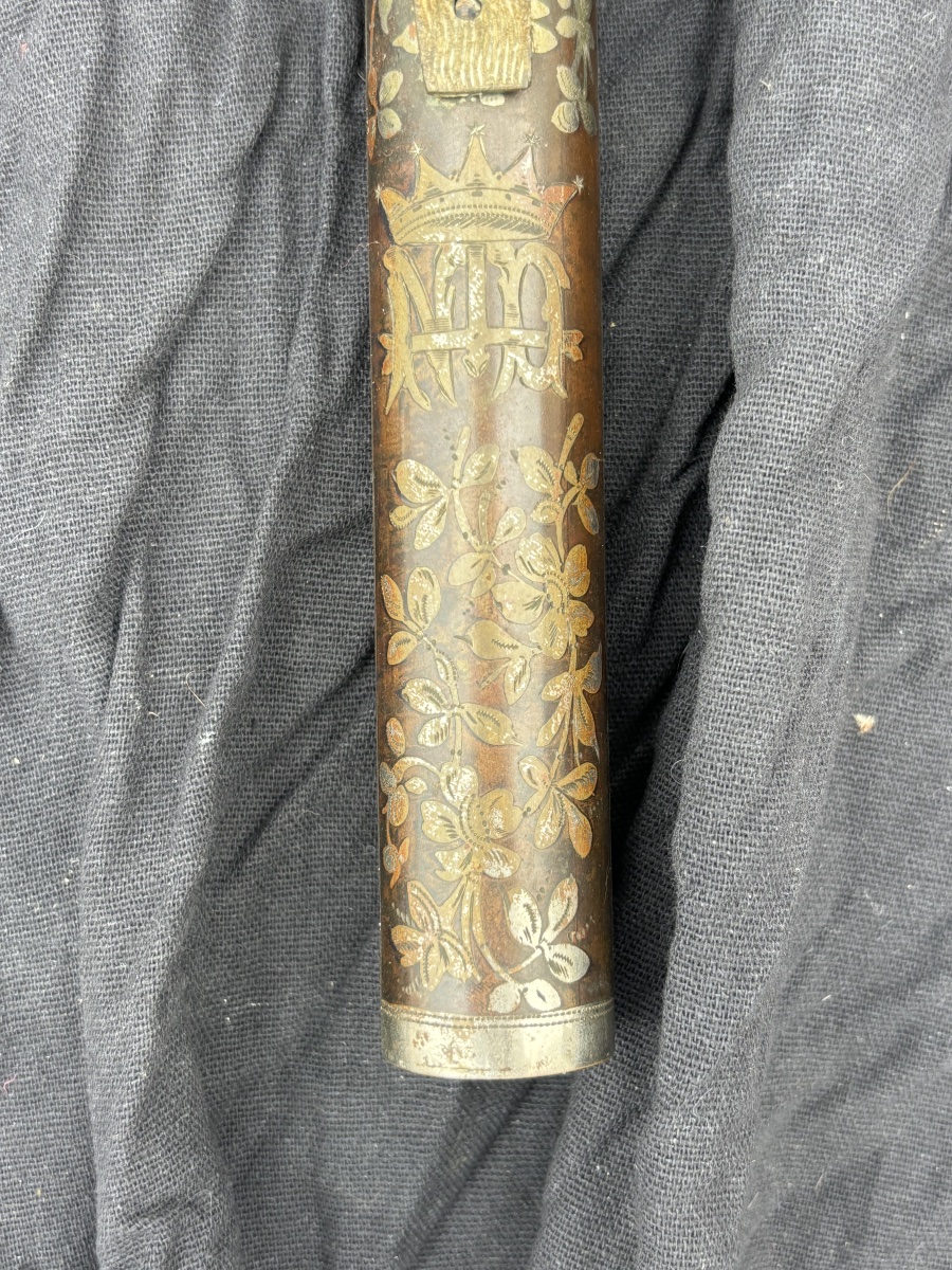 Antique Large Wall-mounted Brass Crucifix Engraved With Flowers And The Monogram "marie"-photo-2