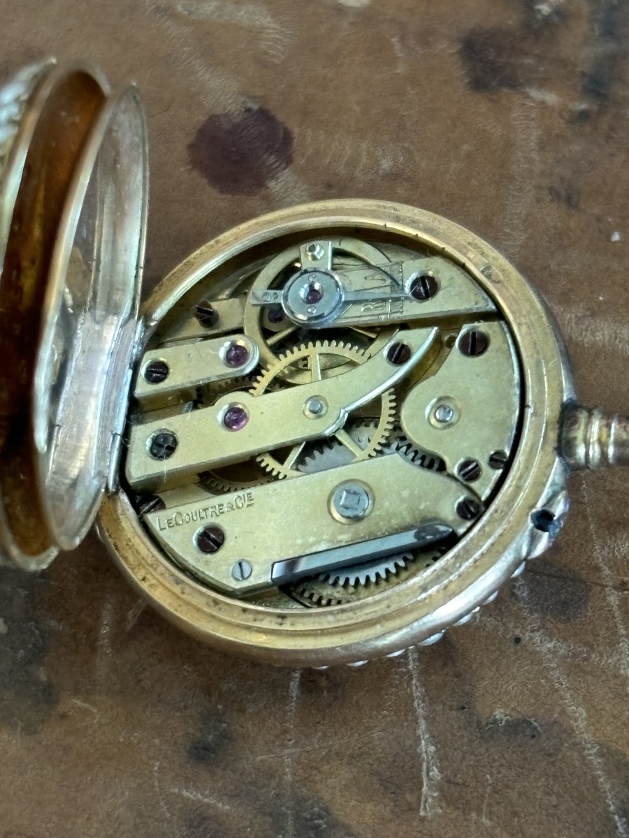 Lecoultre 18k Gold Pocket Watch With Pearl And Rose Petal Accents-photo-2