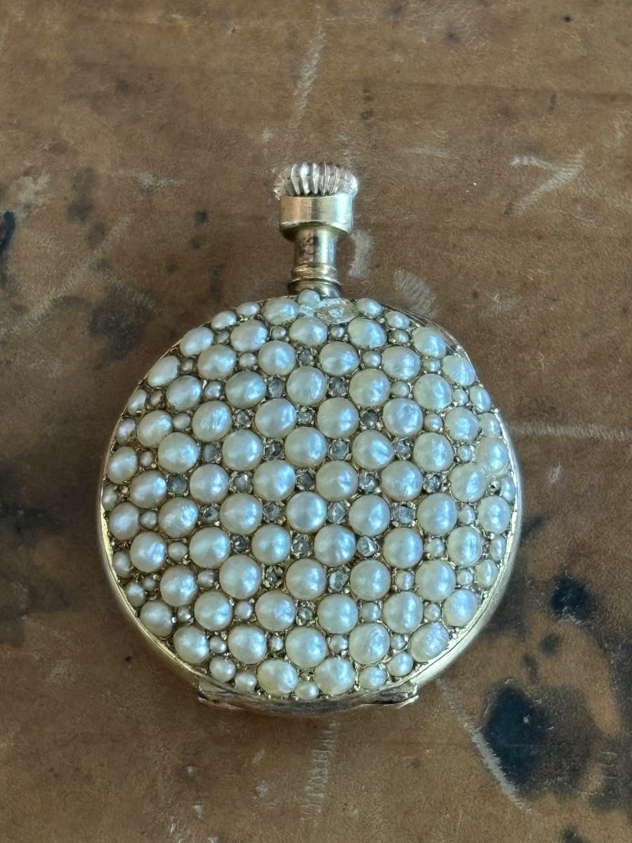 Lecoultre 18k Gold Pocket Watch With Pearl And Rose Petal Accents