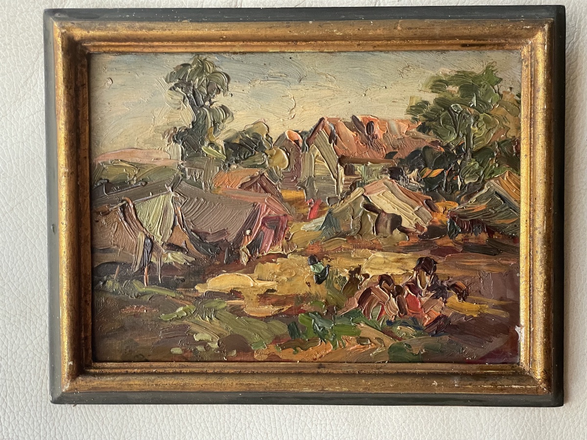 Paysage de village malgache – Huile sur panneau signée Juanita Marquezane