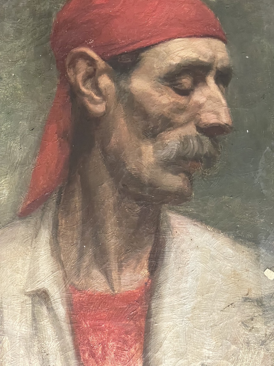 Portrait Of A Man Wearing A Red Fez – Oil On Panel-photo-1