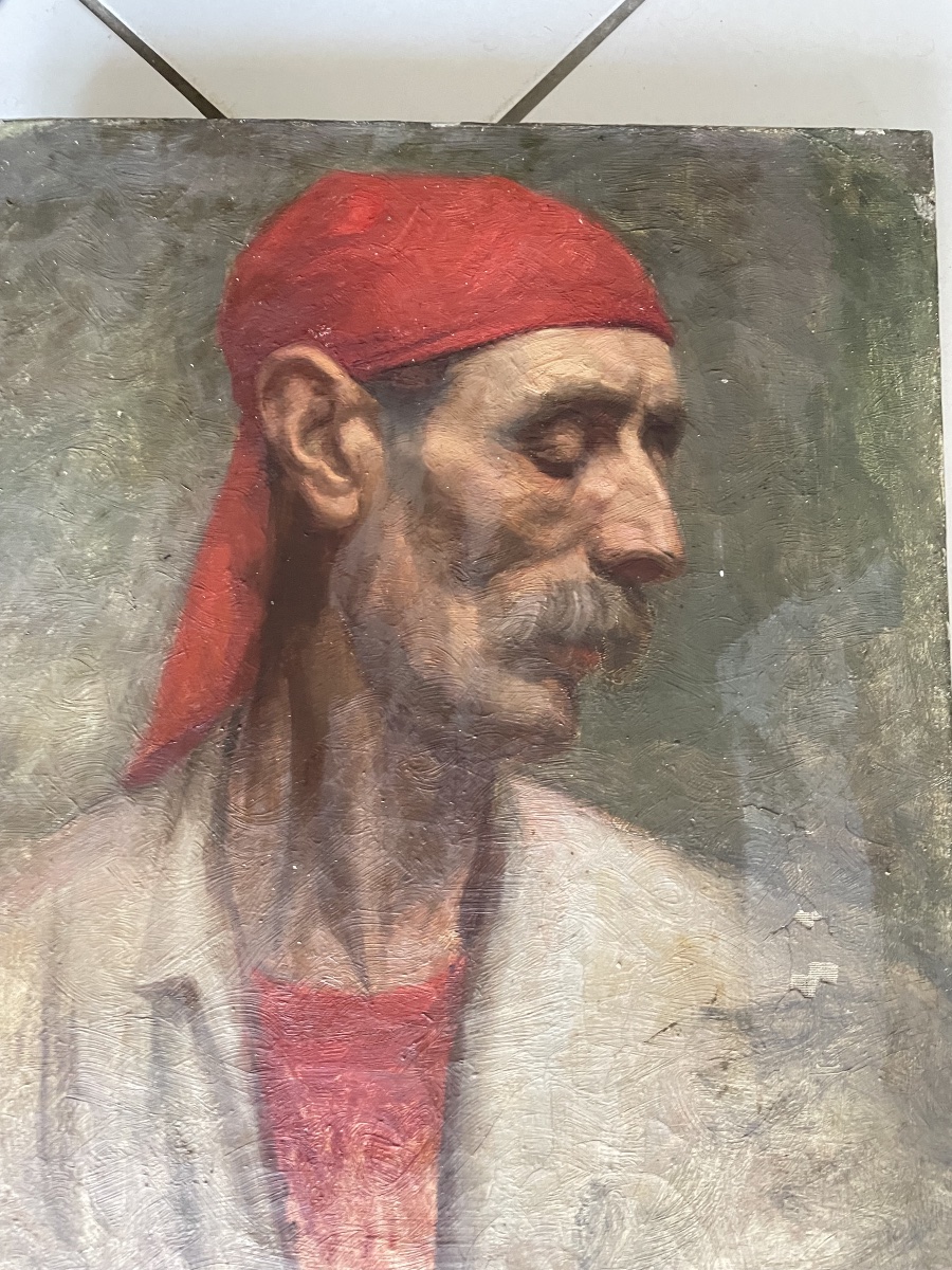 Portrait Of A Man Wearing A Red Fez – Oil On Panel-photo-2