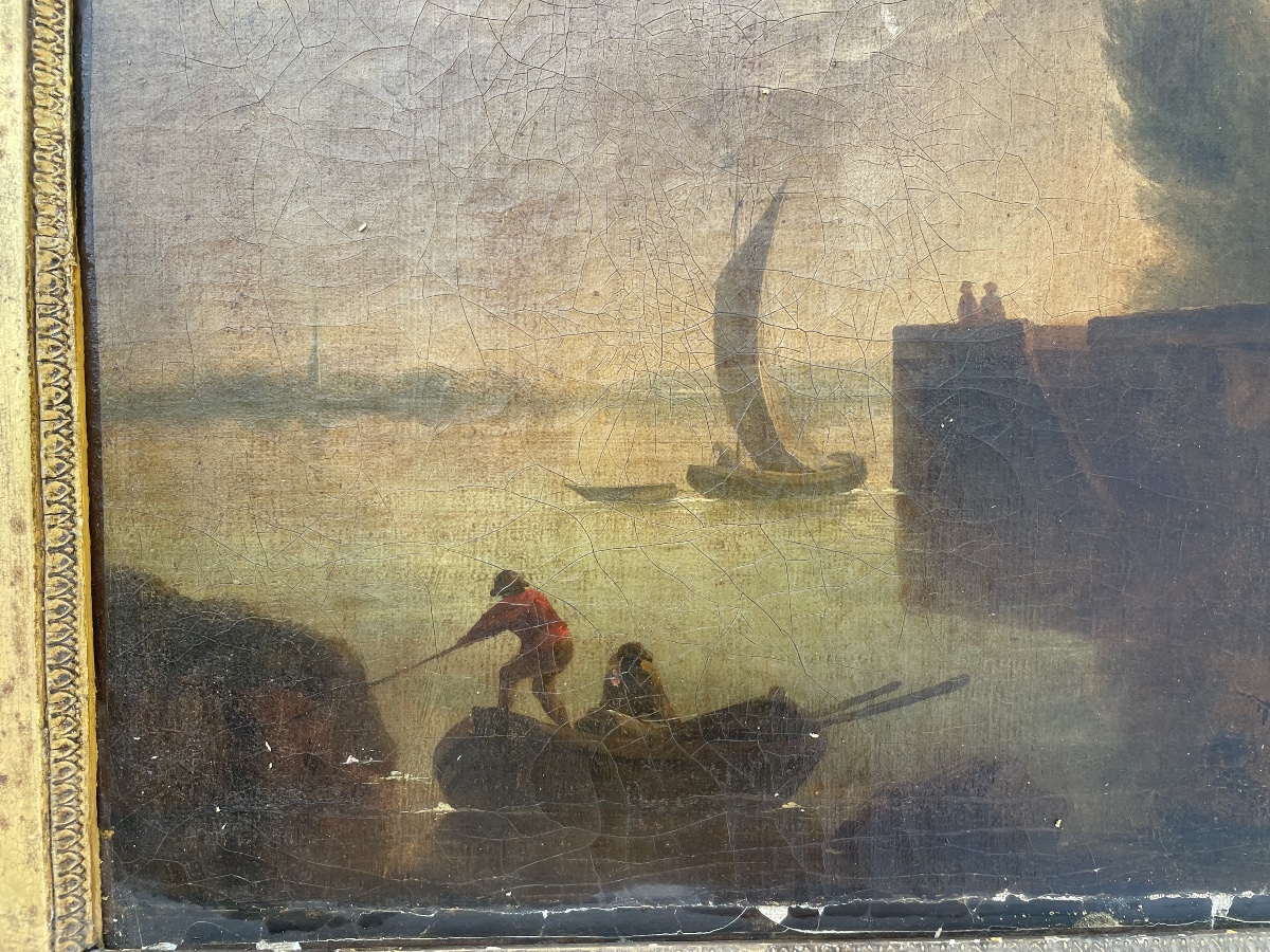 Antique Painting – River Landscape At Dusk With A Mill – Oil On Canvas – Gilded Frame-photo-2