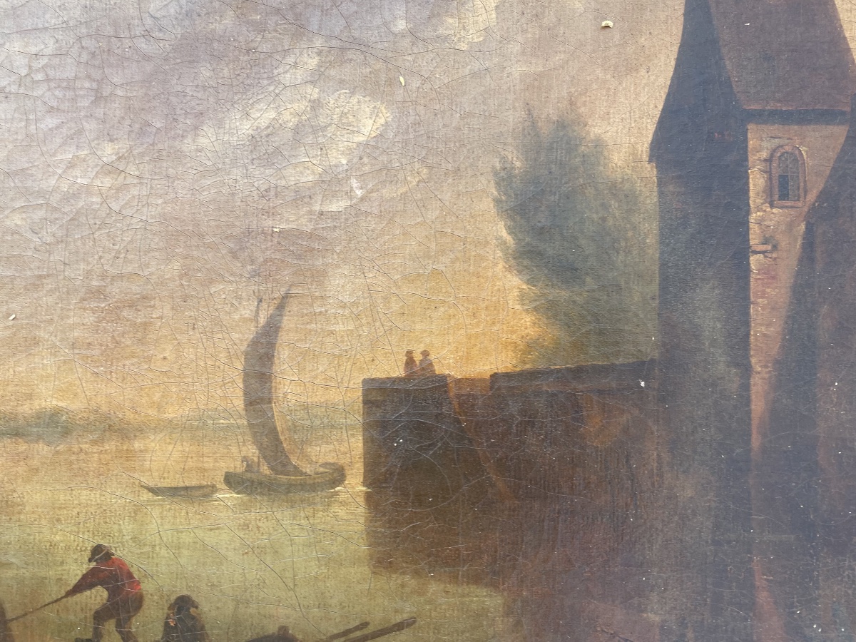 Antique Painting – River Landscape At Dusk With A Mill – Oil On Canvas – Gilded Frame-photo-4