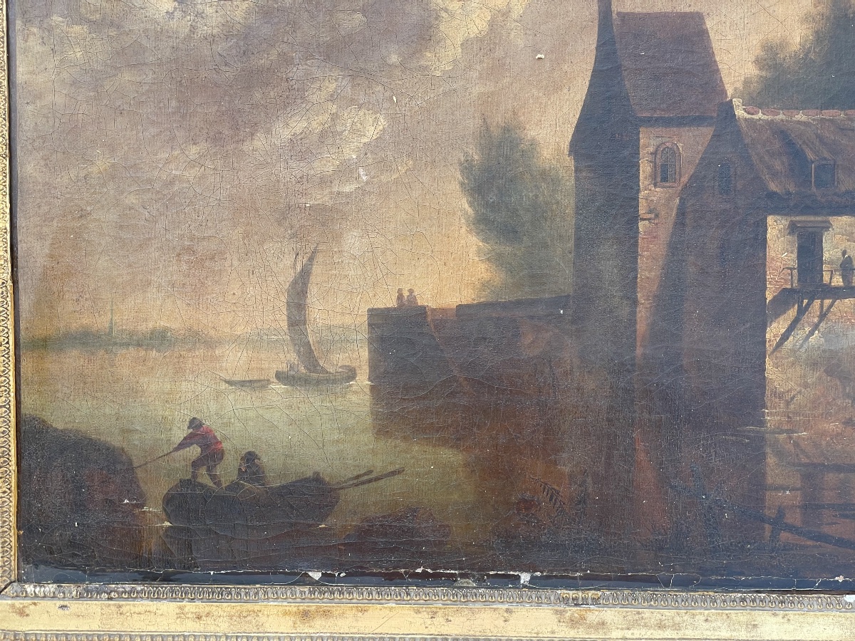 Antique Painting – River Landscape At Dusk With A Mill – Oil On Canvas – Gilded Frame-photo-1