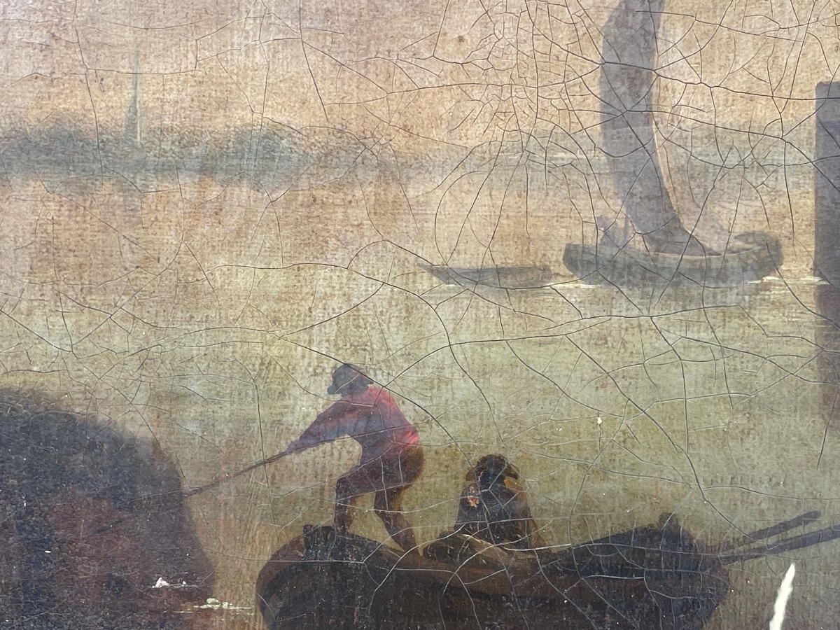 Antique Painting – River Landscape At Dusk With A Mill – Oil On Canvas – Gilded Frame-photo-4