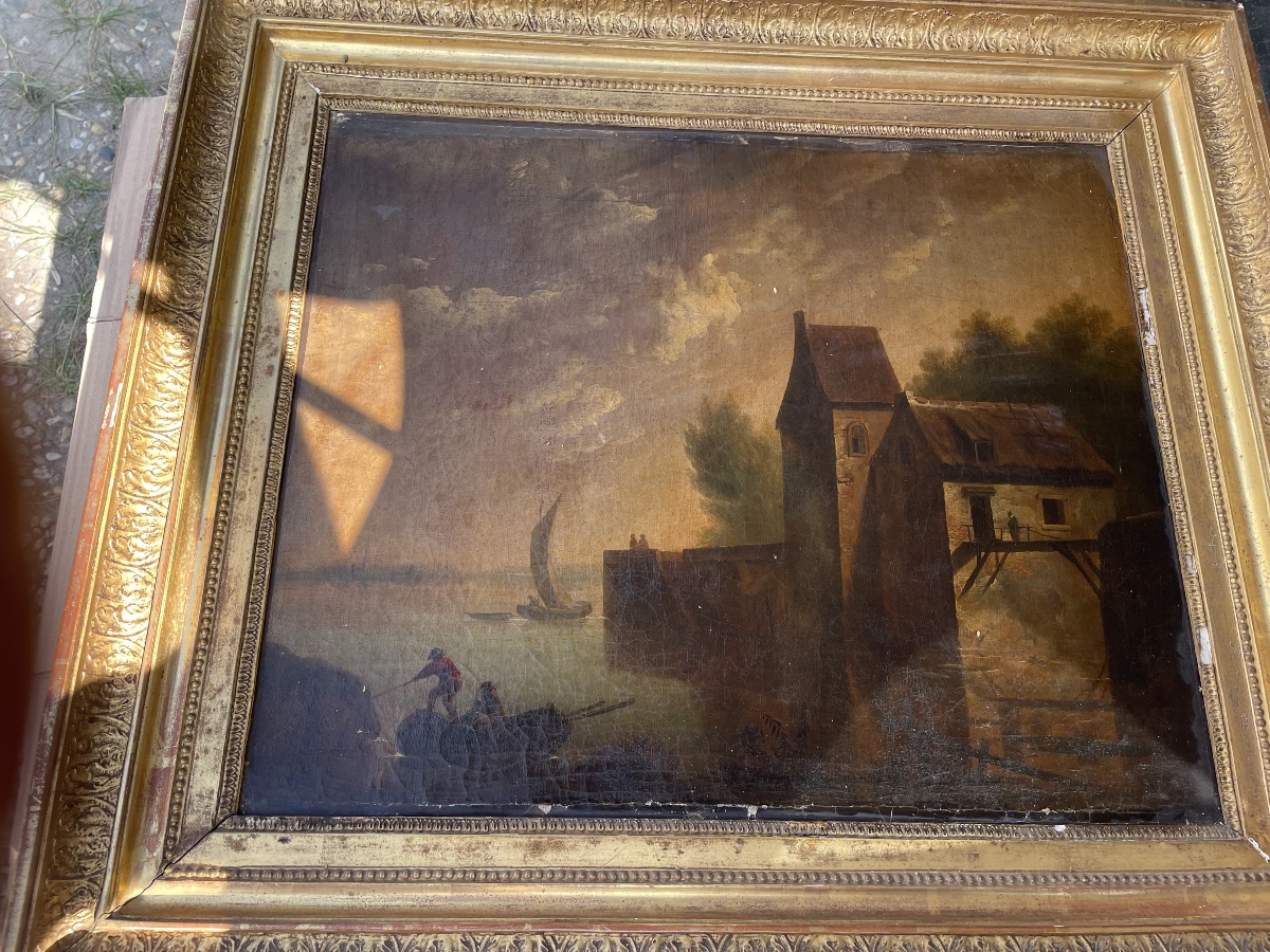 Antique Painting – River Landscape At Dusk With A Mill – Oil On Canvas – Gilded Frame-photo-5