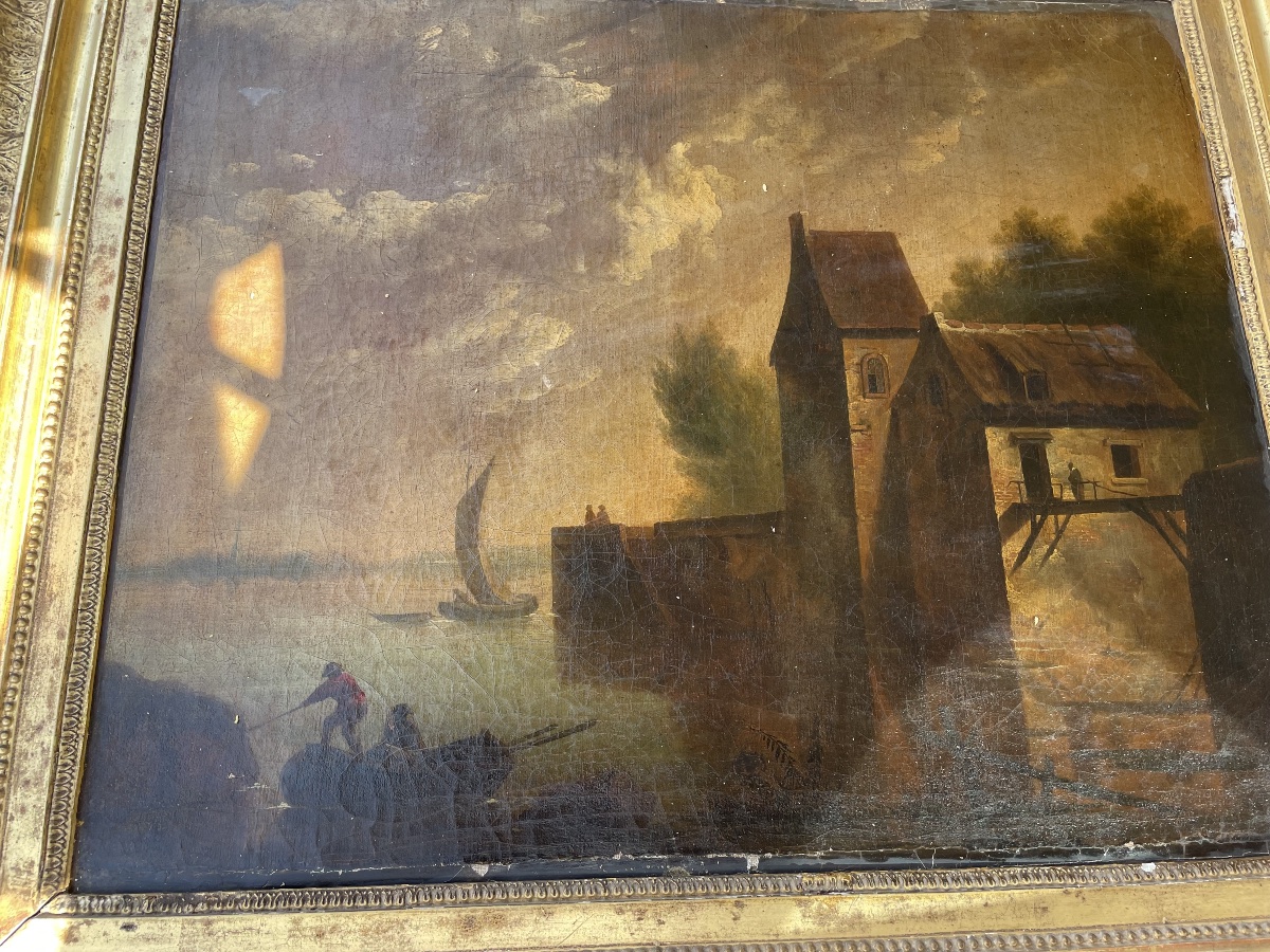 Antique Painting – River Landscape At Dusk With A Mill – Oil On Canvas – Gilded Frame-photo-6