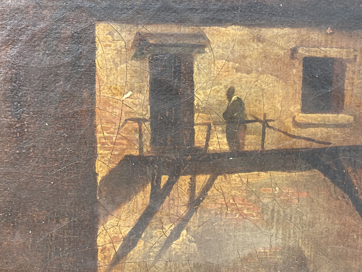 Antique Painting – River Landscape At Dusk With A Mill – Oil On Canvas – Gilded Frame-photo-7