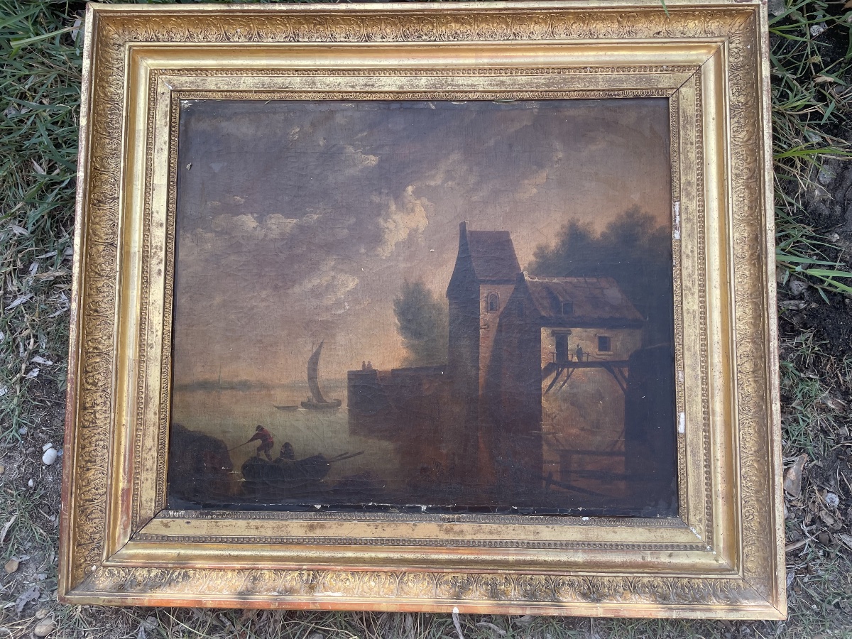 Antique Painting – River Landscape At Dusk With A Mill – Oil On Canvas – Gilded Frame