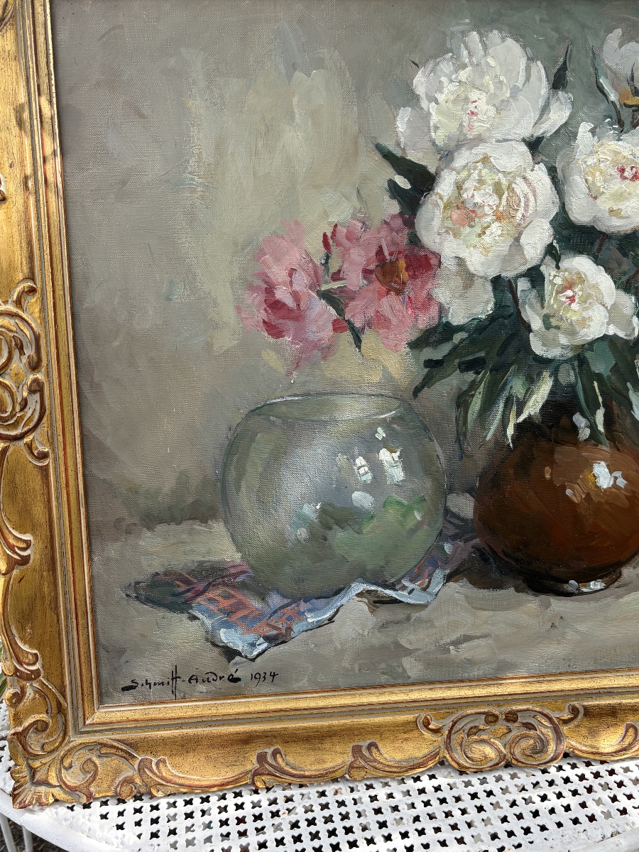 André Schmitt – Nature morte aux pivoines – Huile sur toile-photo-4