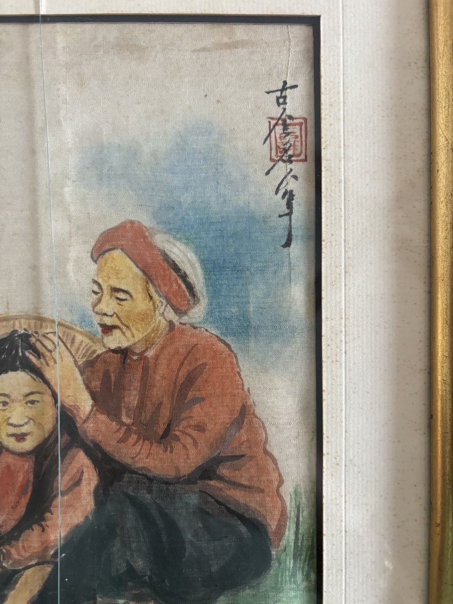 Asian Silk Painting – Traditional Lice-removal Scene -photo-4