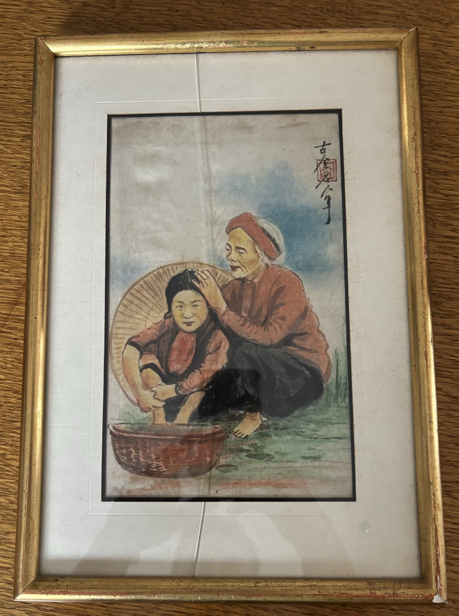 Asian Silk Painting – Traditional Lice-removal Scene 