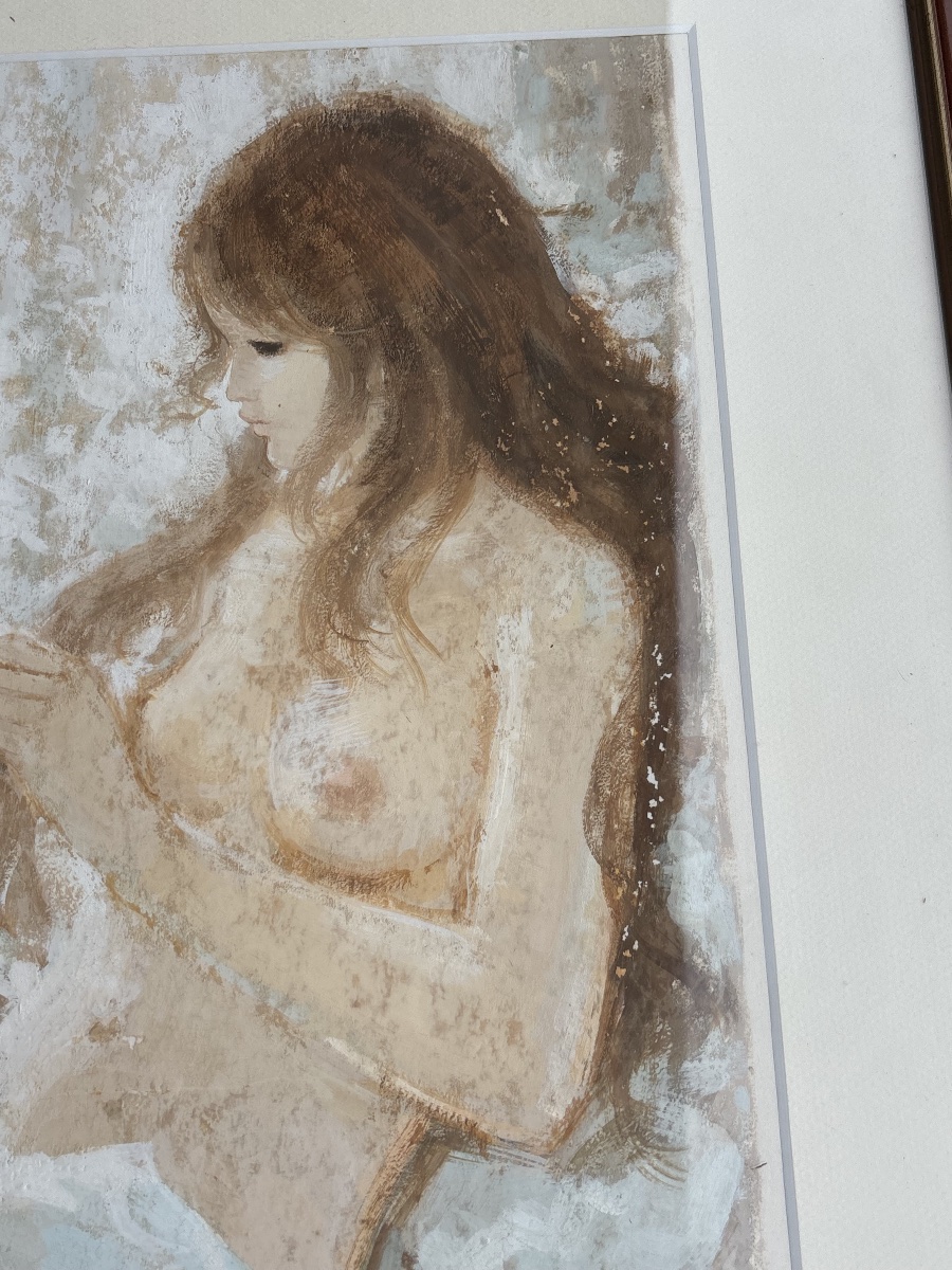 Huile et Pastel signé – Nu féminin à la composition florale-photo-4