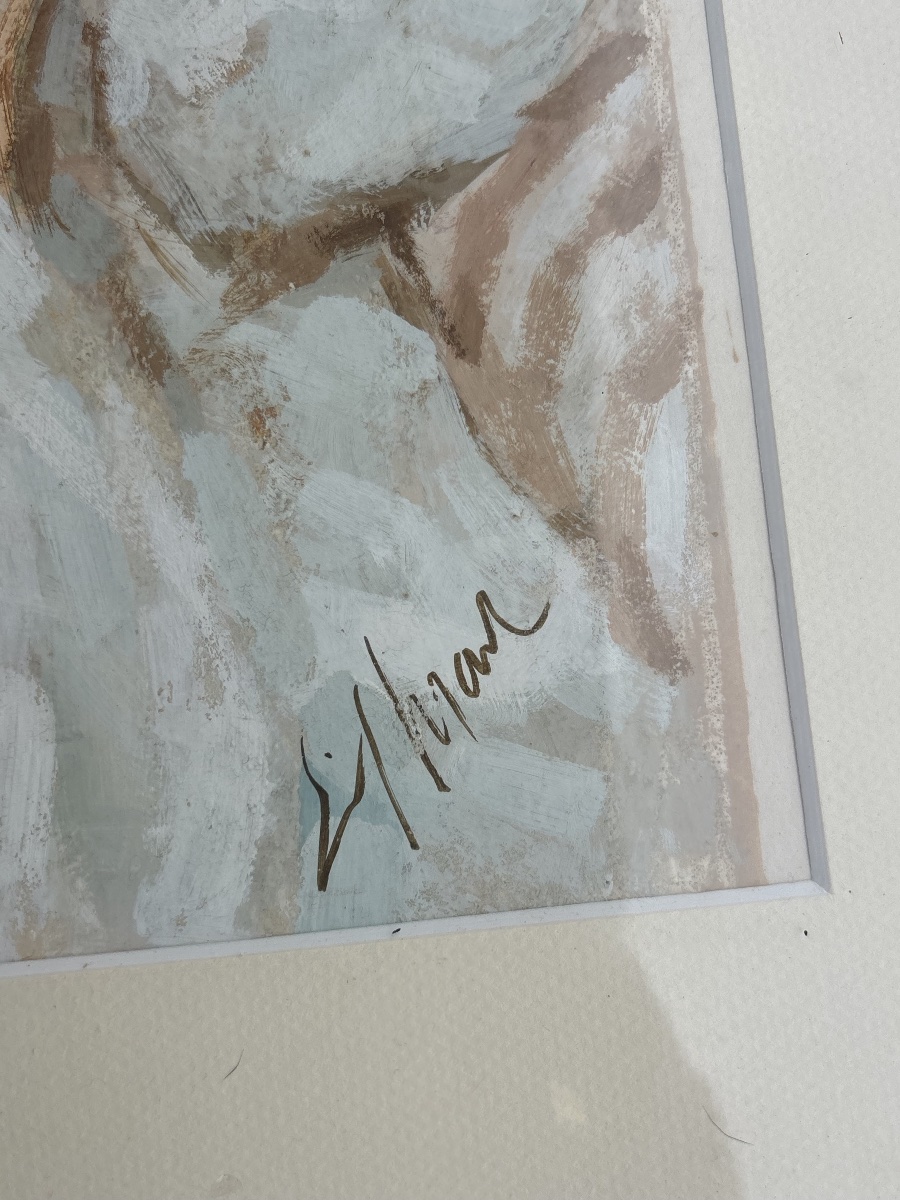 Huile et Pastel signé – Nu féminin à la composition florale-photo-3