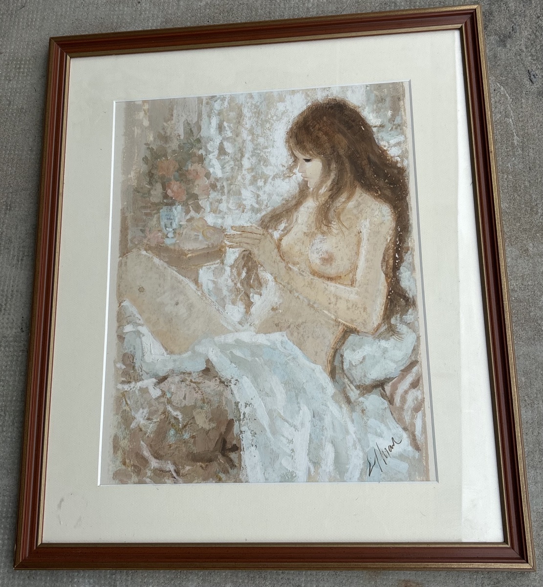 Huile et Pastel signé – Nu féminin à la composition florale