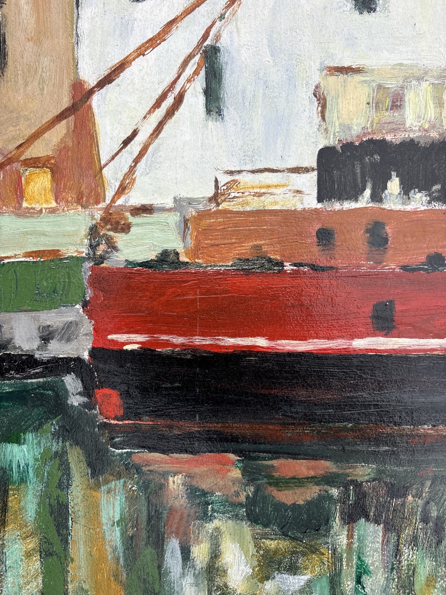 Scène de port au bateau rouge — École française du XXe siècle, peinture sur carton-photo-2