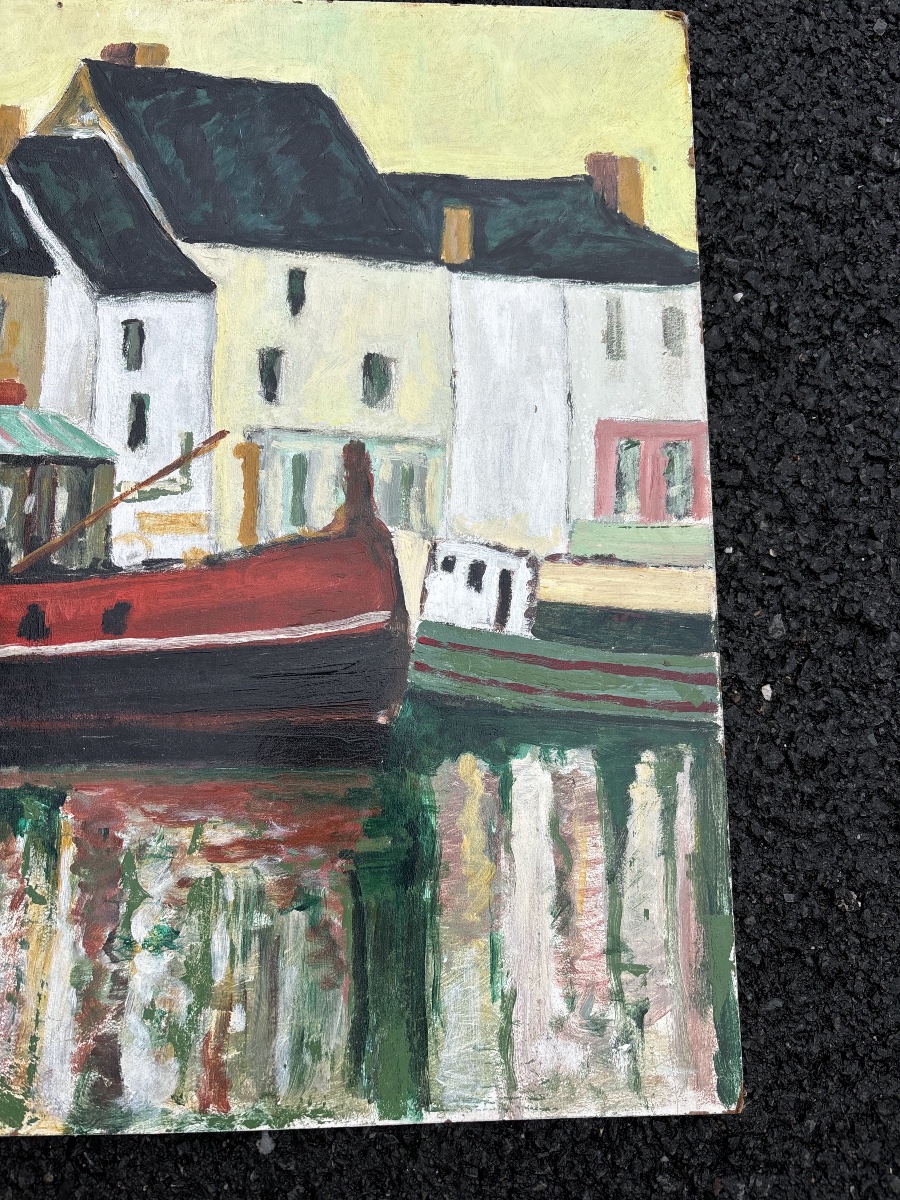 Scène de port au bateau rouge — École française du XXe siècle, peinture sur carton-photo-4