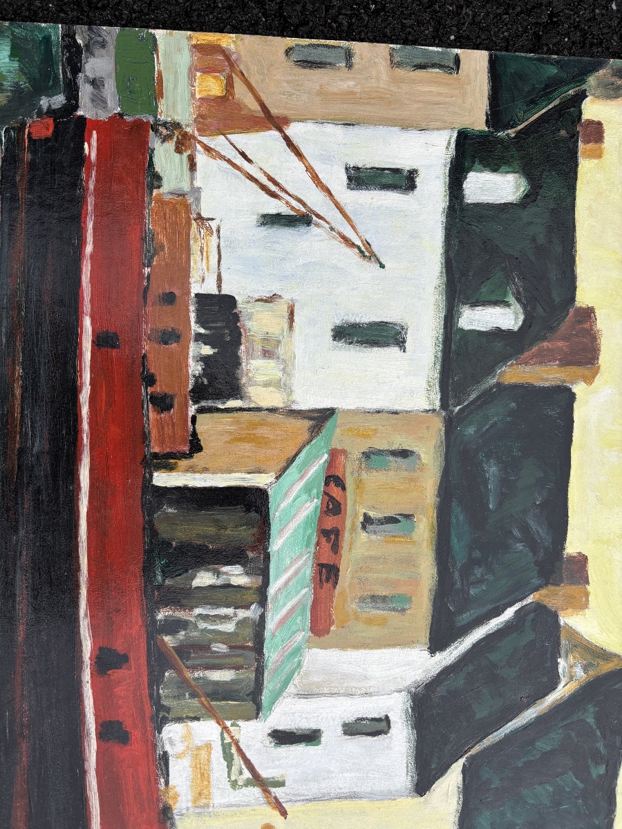 Scène de port au bateau rouge — École française du XXe siècle, peinture sur carton-photo-1