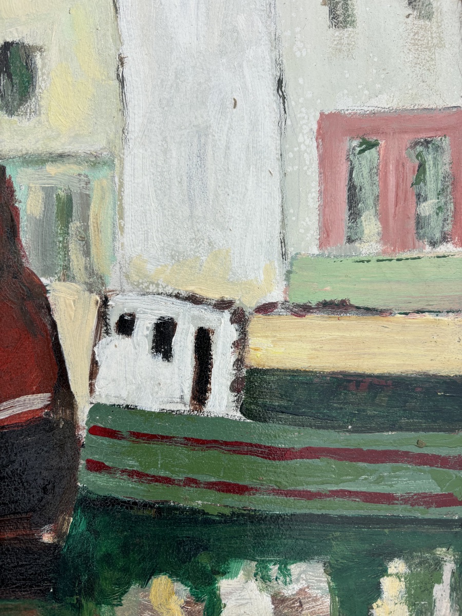 Scène de port au bateau rouge — École française du XXe siècle, peinture sur carton-photo-2