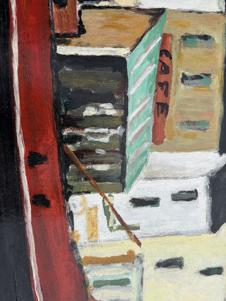 Scène de port au bateau rouge — École française du XXe siècle, peinture sur carton-photo-3