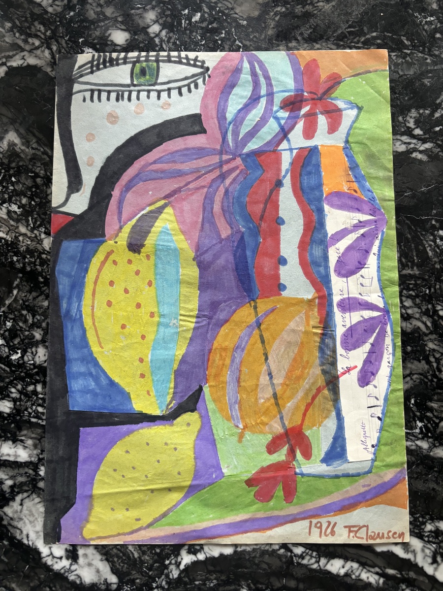 Gouache sur papier signée Franciska Clausen, 1926 – Nature morte aux citrons et vase fleuri