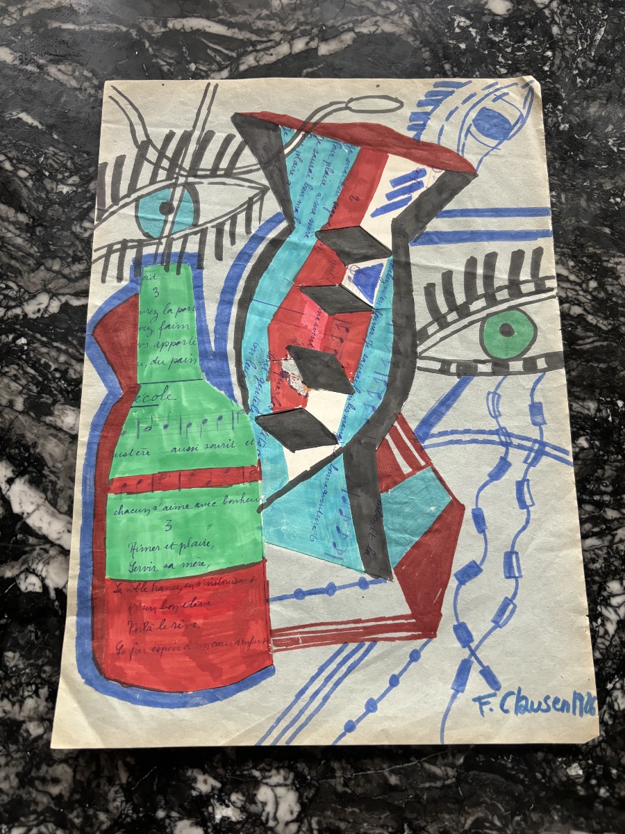 Gouache sur papier signée Franciska Clausen, 1926 – Composition cubiste aux visages et formes g
