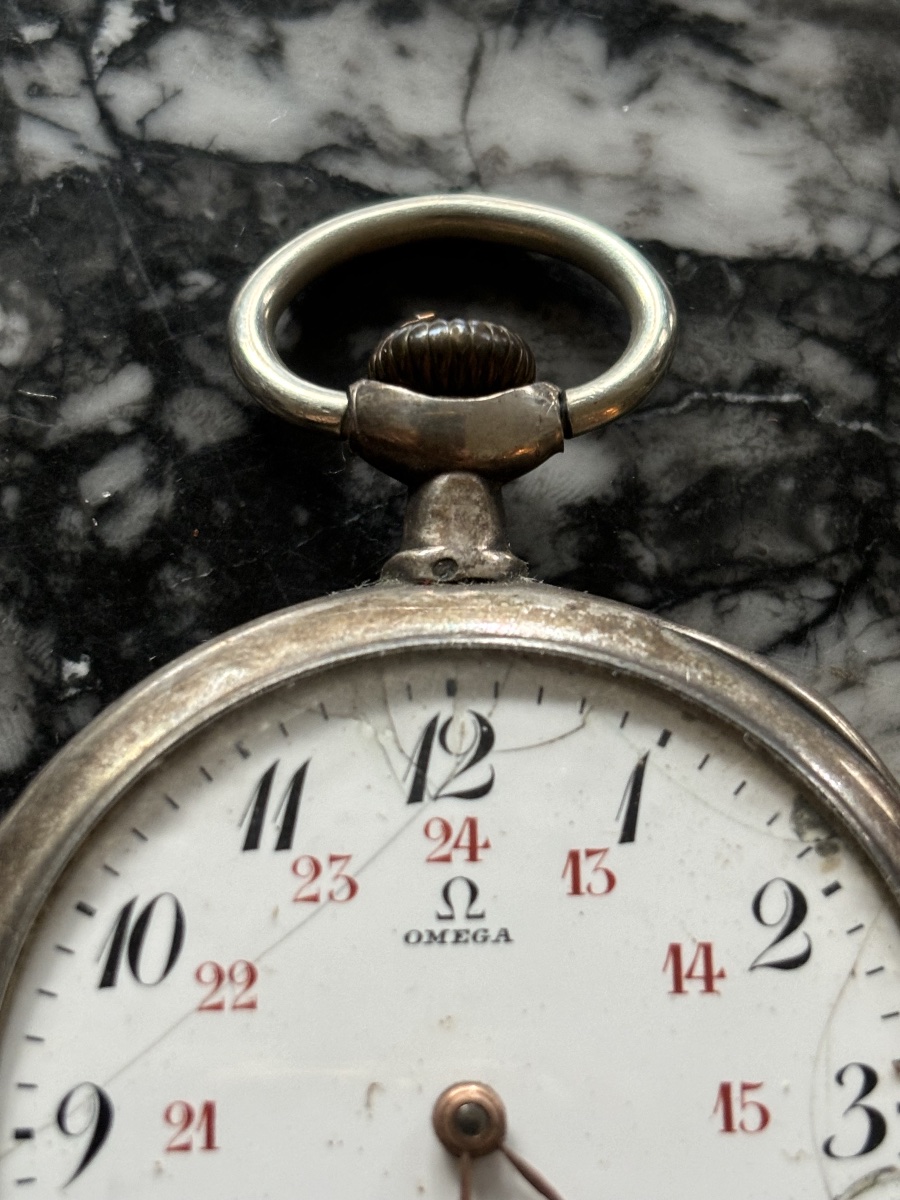 Vintage Omega Silver Pocket Watch – Enamel Dial With Dual Numerals-photo-2