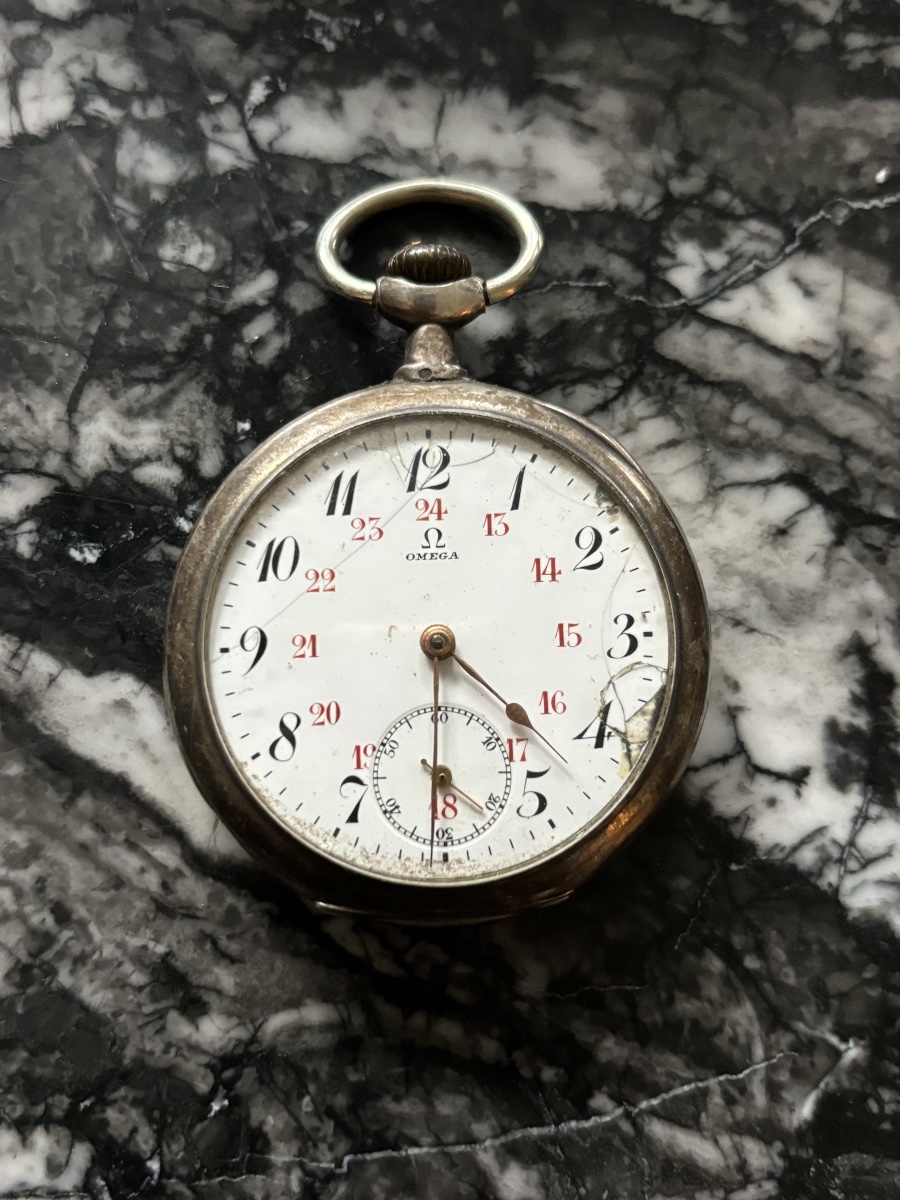 Vintage Omega Silver Pocket Watch – Enamel Dial With Dual Numerals