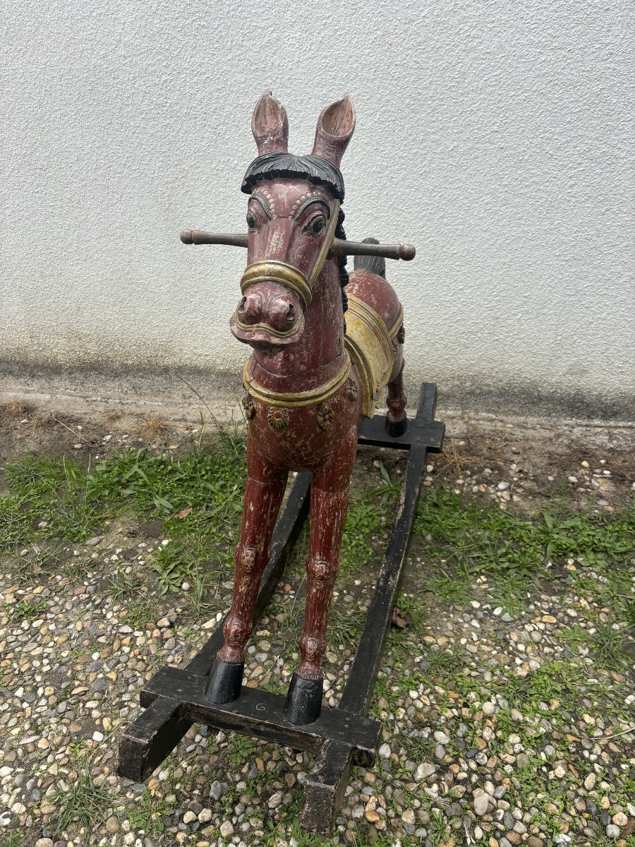 Antique Polychrome Wooden Rocking Horse – 19th Century-photo-2