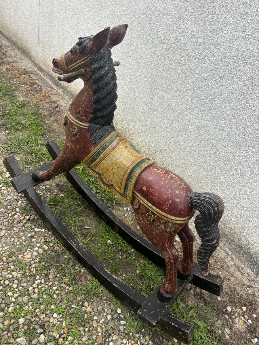 Antique Polychrome Wooden Rocking Horse – 19th Century-photo-3