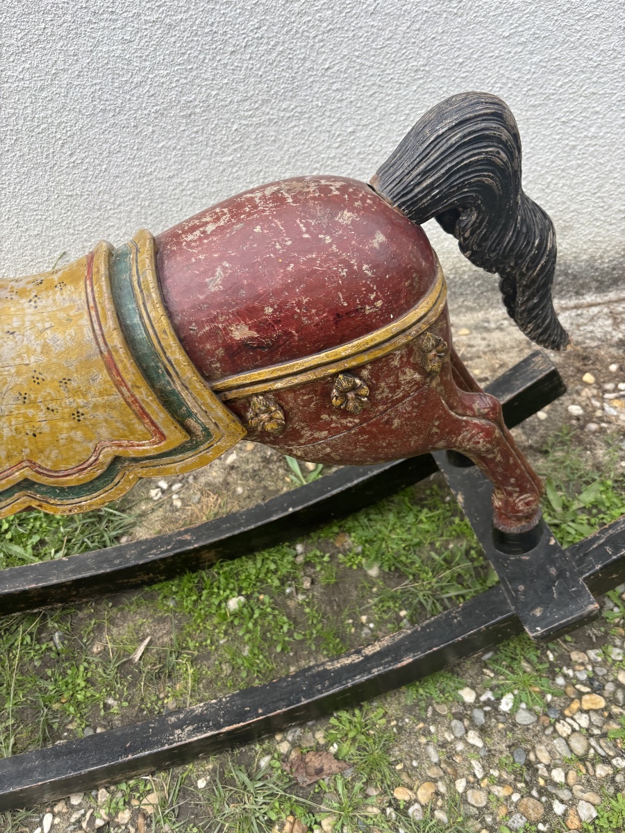 Antique Polychrome Wooden Rocking Horse – 19th Century-photo-6