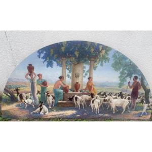 A Pastoral Scene With Goats And A Fountain