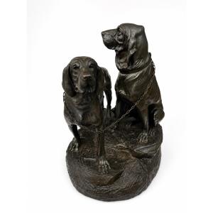 Bronze de Léon bureau - Couple de chiens de chasse