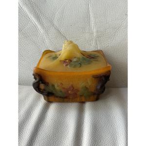 Bonbonnière en pâte de verre signée Walter Et Berger décor floral et Lézard Art nouveau