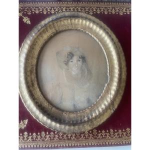 Antique Miniature Portrait Of A Woman – 19th-century Drawing & Period Gilded Oval Frame