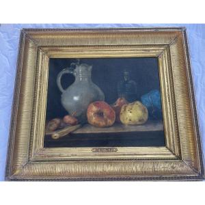 Oil On Canvas Painting – Still Life With A Pitcher And Fruit, Signed By  Bracquemond