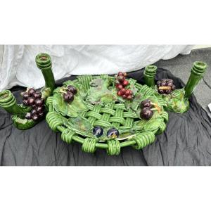 Surtout de Table en Céramique Émaillée – Corbeille Bressane / Barbotine & Bougeoirs Assortis –