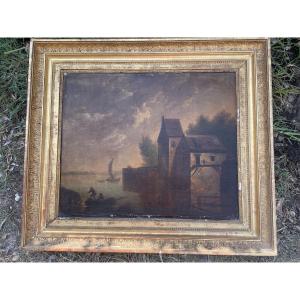 Antique Painting – River Landscape At Dusk With A Mill – Oil On Canvas – Gilded Frame