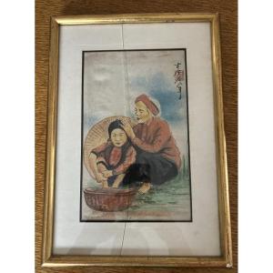Asian Silk Painting – Traditional Lice-removal Scene