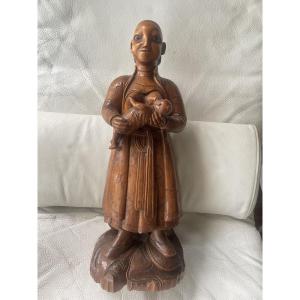Chinese Wooden Maternity Sculpture – Woman Carrying A Child