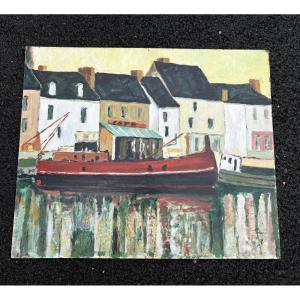 Scène de port au bateau rouge — École française du XXe siècle, peinture sur carton