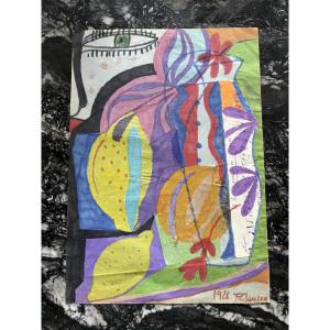 Gouache sur papier signée Franciska Clausen, 1926 – Nature morte aux citrons et vase fleuri